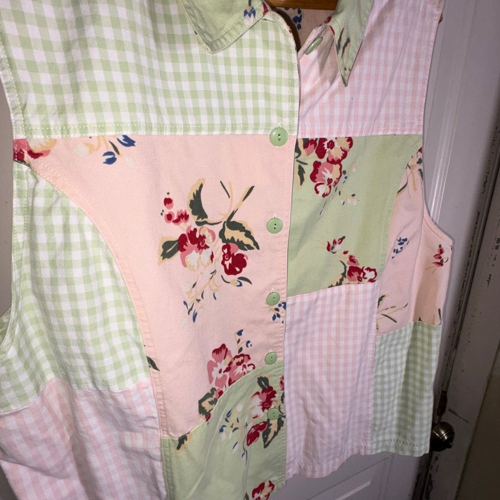 Bechamel Vintage Patchwork Vest Womens Large Pink Green Floral Gingham Cotton - Picture 4 of 7